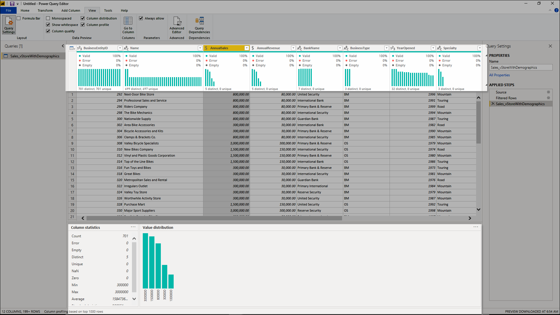 Strumenti di profilatura dei dati o anteprima dei dati in Power Query.