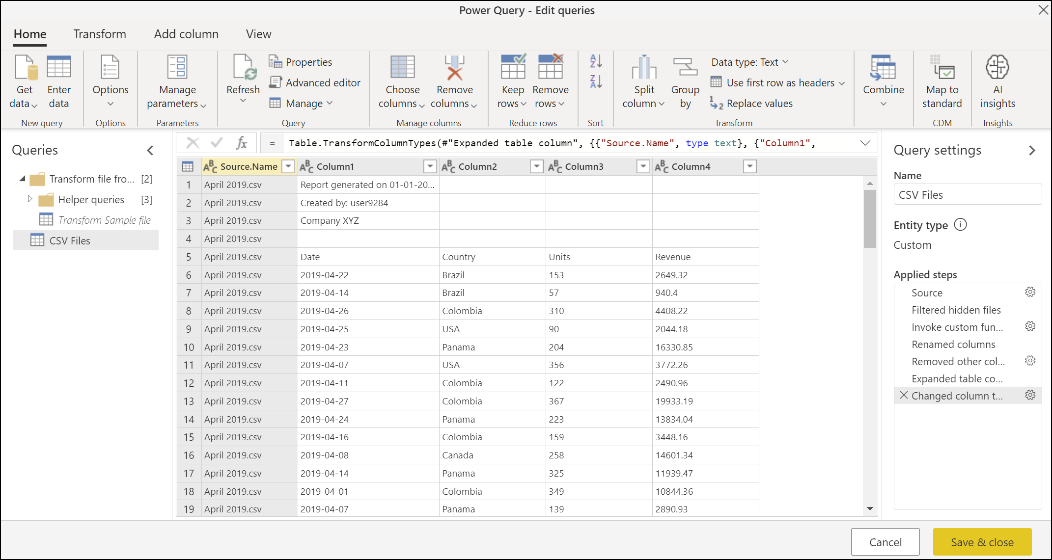 Query di output per i file combinati senza trasformazioni aggiuntive.