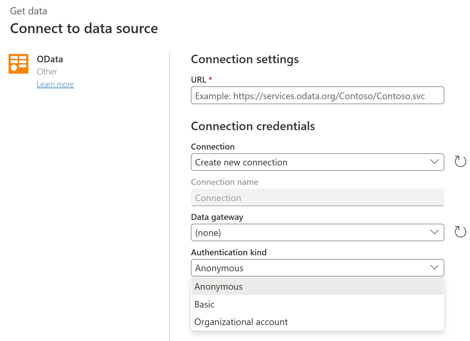 Screenshot delle finestre di connessione all'origine dati per il connettore OData in Power Query Online.