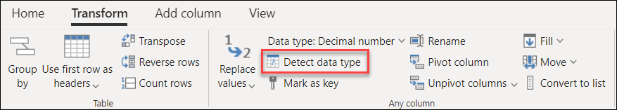 Rilevare il comando tipo di dati nella scheda Trasforma.