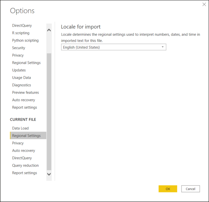 Impostazione delle impostazioni locali in Power Query per Desktop.