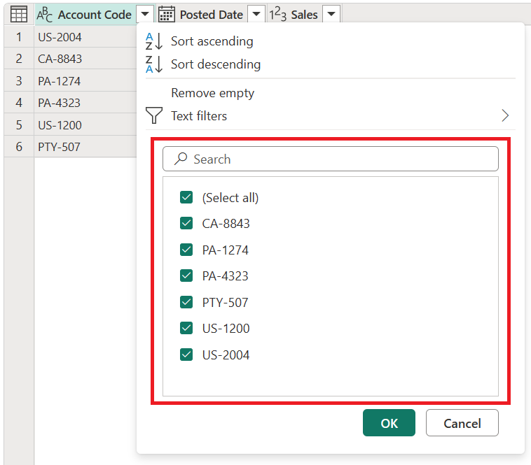 Screenshot del menu di ordinamento e filtro con la sezione Elenco filtri automatico evidenziata.