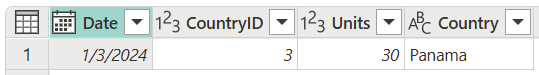 Screenshot della tabella finale con le intestazioni di colonna Date, CountryID, Units e Country e una singola riga di dati per il paese Panama.