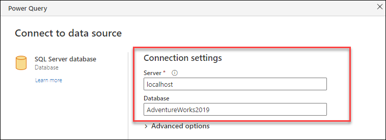 Connessione impostazioni del connettore di database di SQL Server in cui sono state immesse le impostazioni del server e del database.