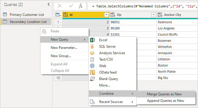 Usare le query di merge come nuovo per combinare le query.