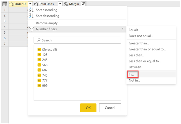 Nell'opzione all'interno del menu secondario Numeri filtra per la colonna OrderID.