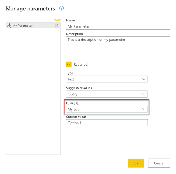 Parametro con query di elenco.