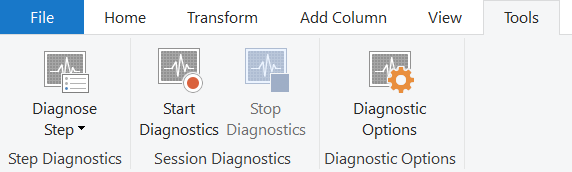 Screenshot delle funzionalità di diagnostica delle query nella barra multifunzione strumenti di Power Query.