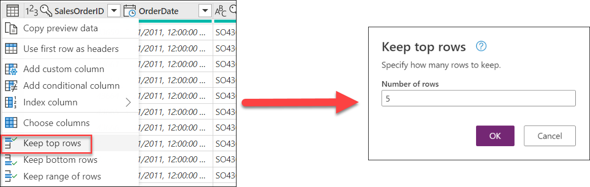 Usando il menu di scelta rapida della tabella per selezionare la trasformazione Mantieni le prime righe per mantenere solo le prime cinque righe.