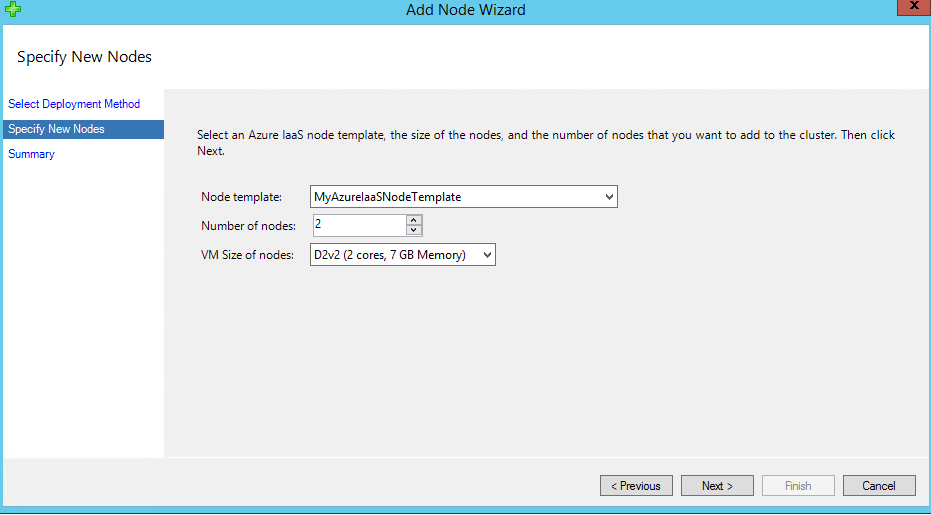 Screenshot mostra la pagina Specifica nuovi nodi in cui è possibile selezionare un modello di nodo, il numero di nodi e le dimensioni V M dei nodi.