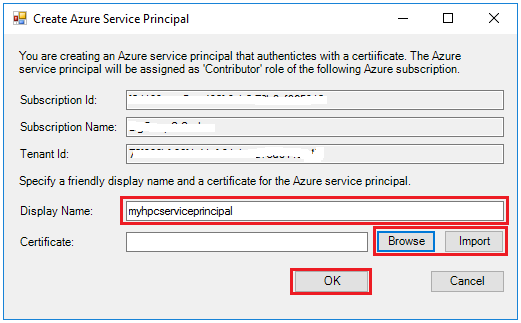 Screenshot mostra la finestra di dialogo Crea entità servizio di Azure in cui è possibile immettere un nome visualizzato e cercare un certificato.