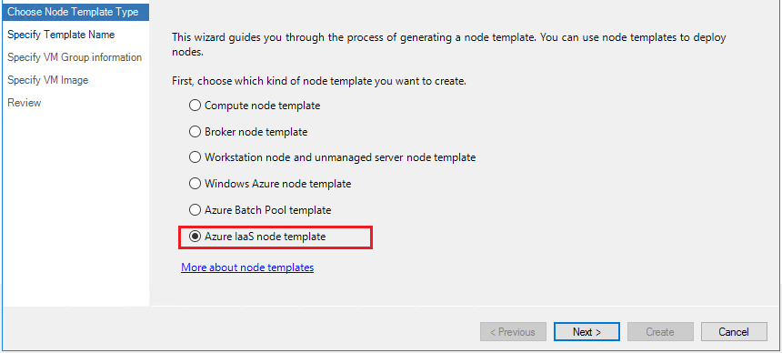 Screenshot mostra l'opzione Choose Node Template Type with Azure I a S node template selezionata.