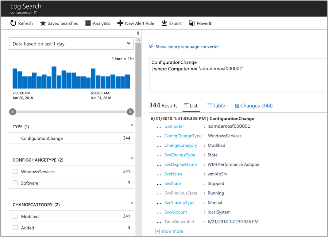 Screenshot che mostra l'evento ConfigurationChange.