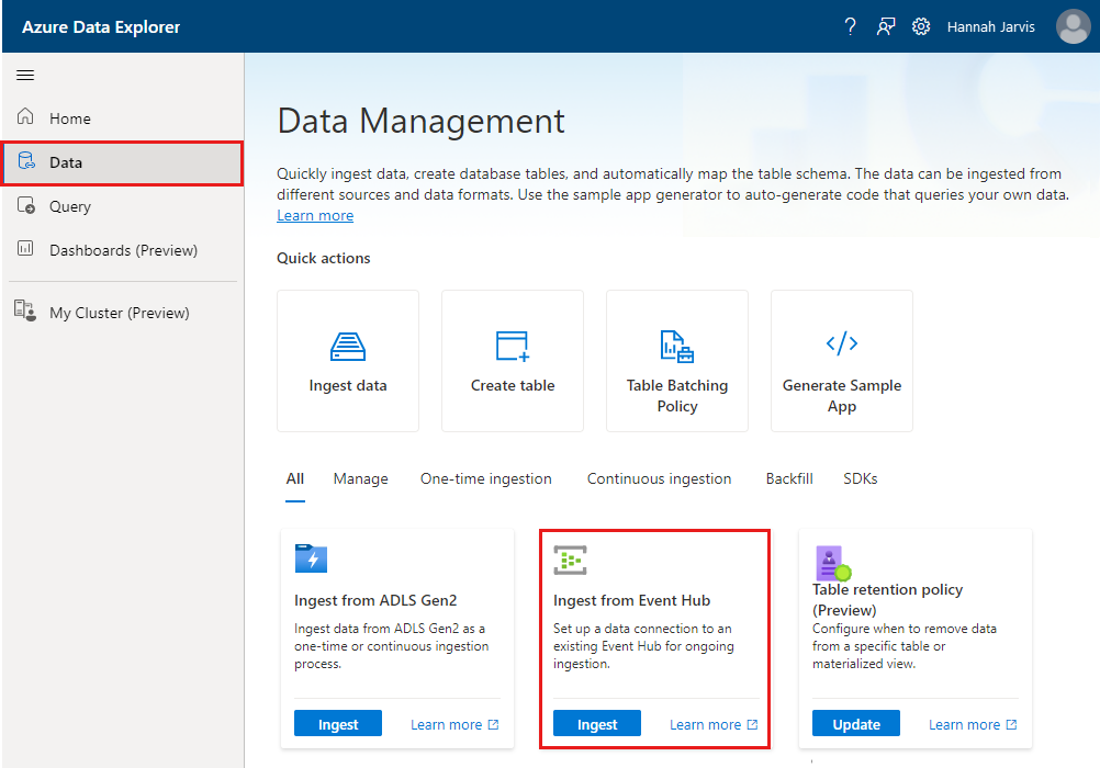 Screenshot che mostra l'inserimento guidato nell'interfaccia utente Web di Azure Esplora dati.