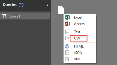 Screenshot del Editor di query con l'opzione CSV evidenziata.