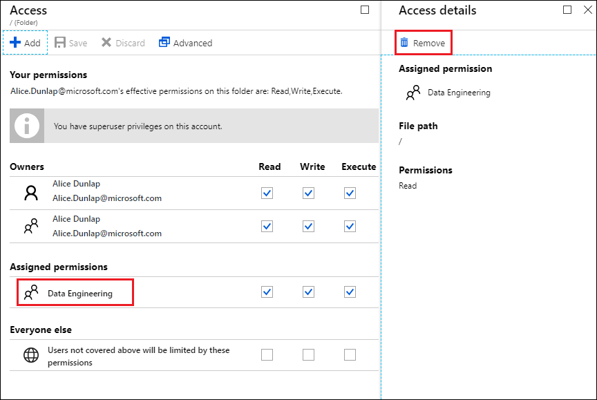 Screenshot del pannello Accesso con l'opzione Ingegneria dei dati evidenziata e il pannello Dettagli di accesso con l'opzione Rimuovi evidenziata.