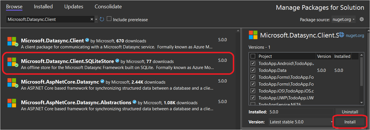 Screenshot dell'aggiunta di NuGet offline in Visual Studio.