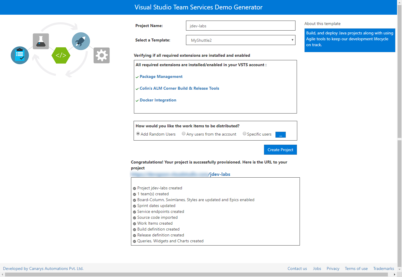 The Azure DevOps Services Demo Generator project configuration page