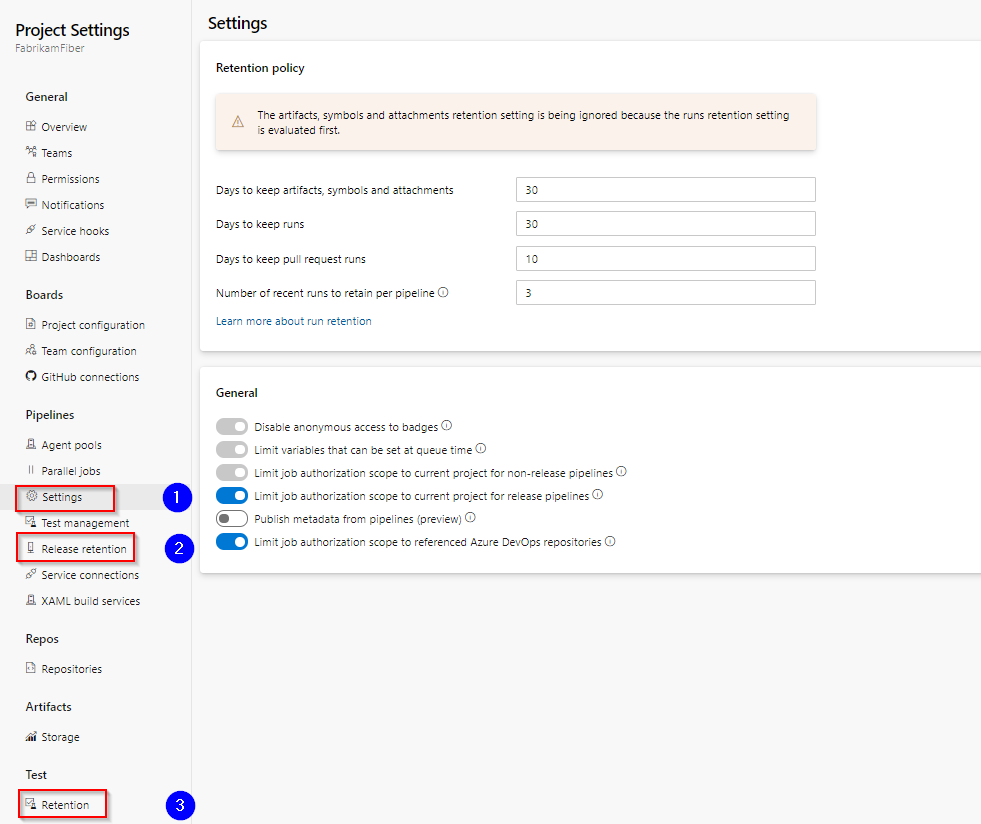 Project settings retention policies