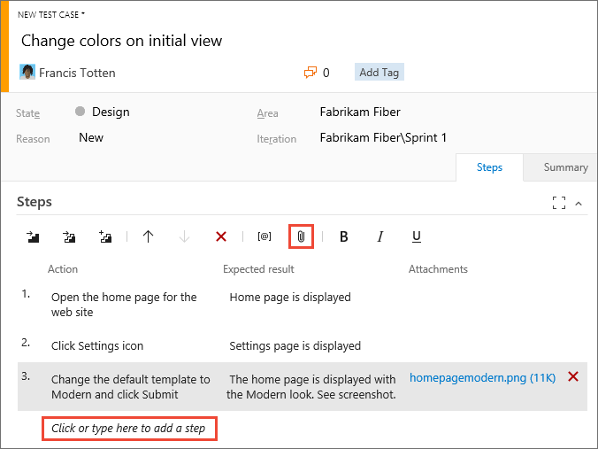 Creating the steps for a new manual test case