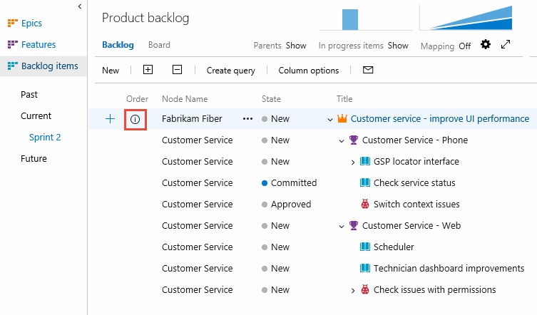 Backlog that shows parents and multi-team ownership, TFS 2018 and TFS 2017 versions.