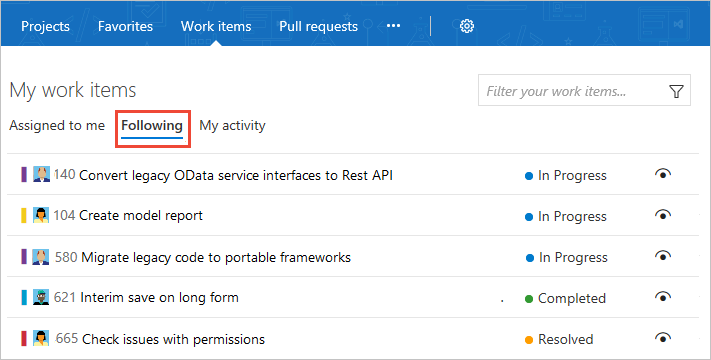 Screenshot of Projects > My work items > Following page. 