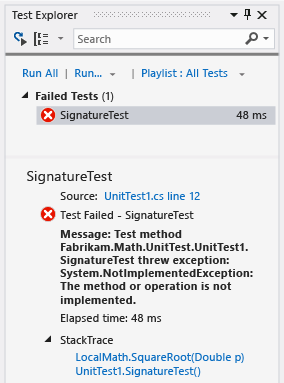 Unit Test Explorer showing one failed test