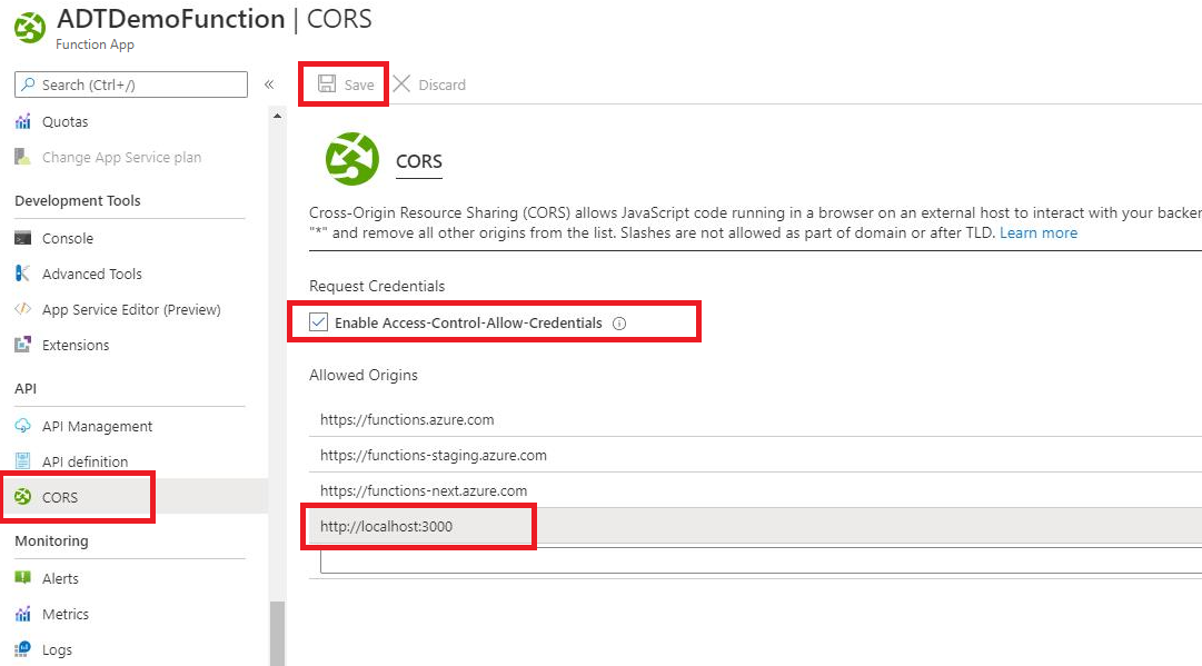 Screenshot della portale di Azure che mostra l'impostazione CORS nella funzione di Azure.