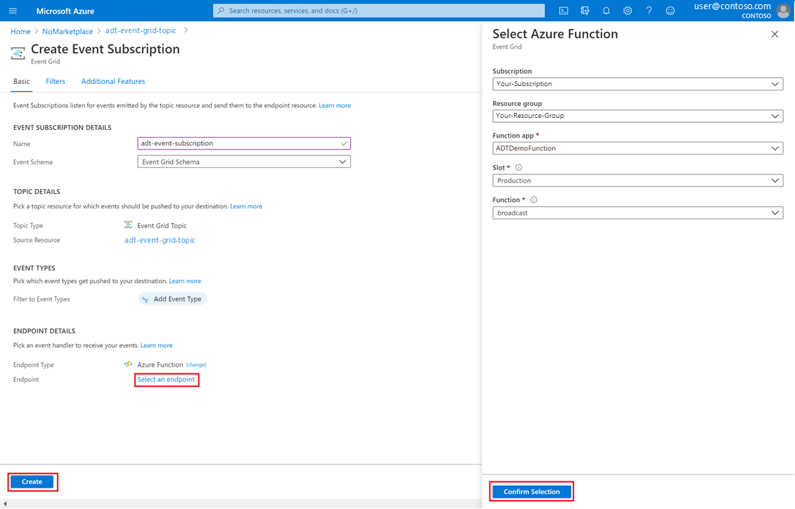 Screenshot del modulo per la creazione di una sottoscrizione di eventi nel portale di Azure.