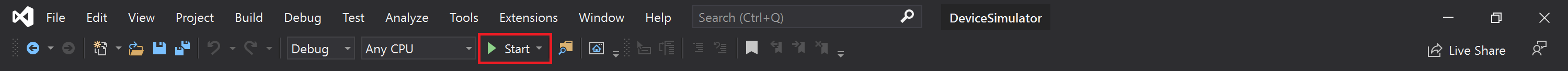 Screenshot del pulsante start di Visual Studio con il progetto DeviceSimulator aperto.