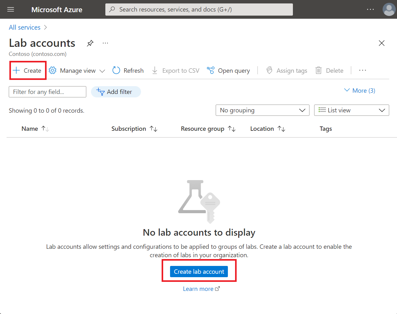 Screenshot delle risorse dell'account lab nel portale di Azure. I pulsanti Crea e Crea account lab sono evidenziati.