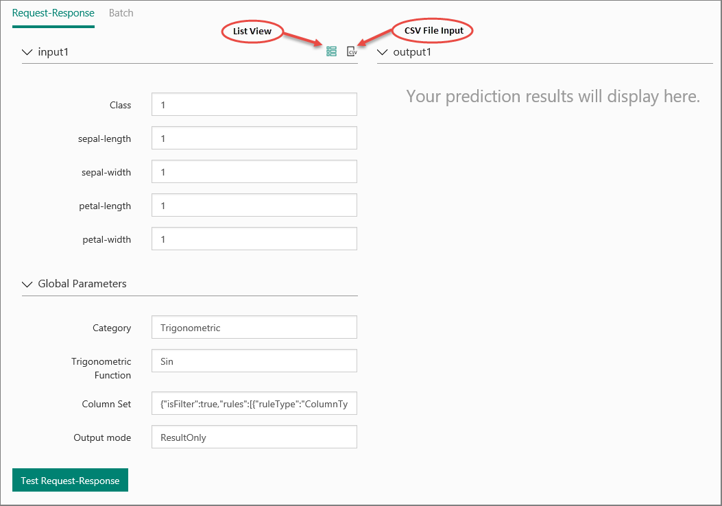 Immettere i valori appropriati per testare il servizio Web