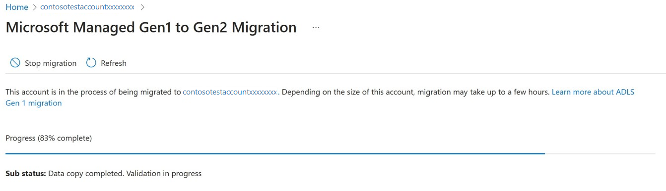 Screenshot della barra di stato durante la migrazione dei dati.