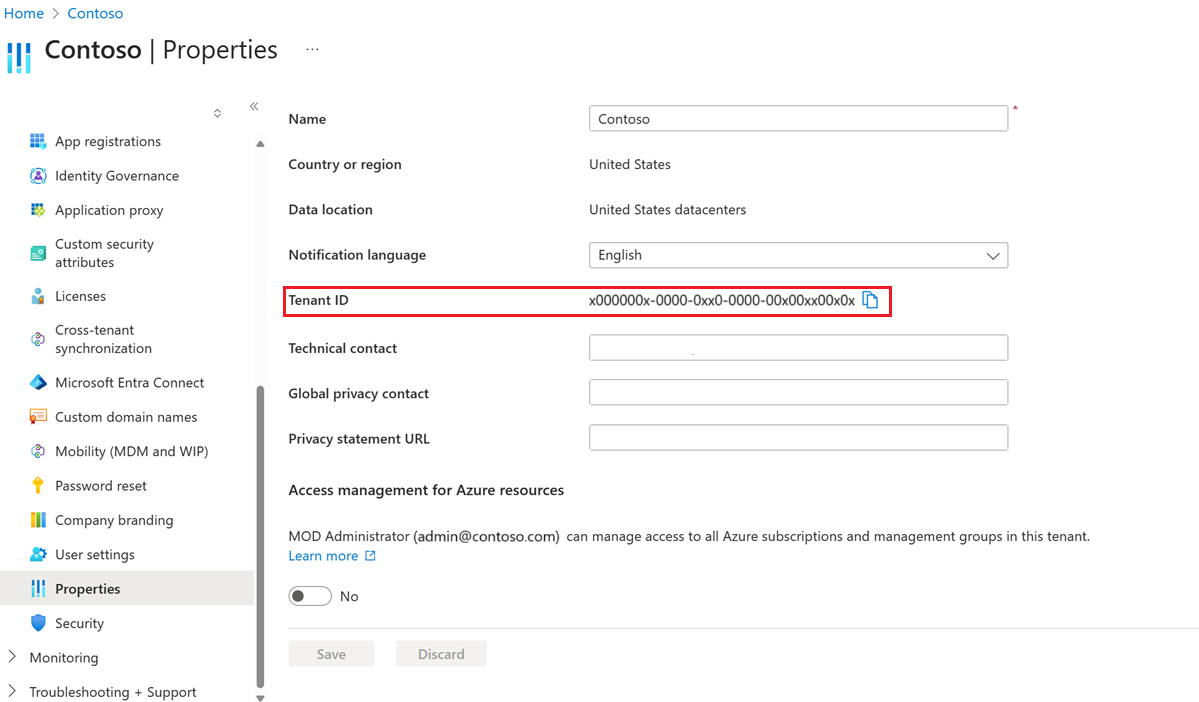 A screenshot of the Microsoft Entra properties. The mouse is hovering over the clipboard icon for "Directory ID" to copy and paste.