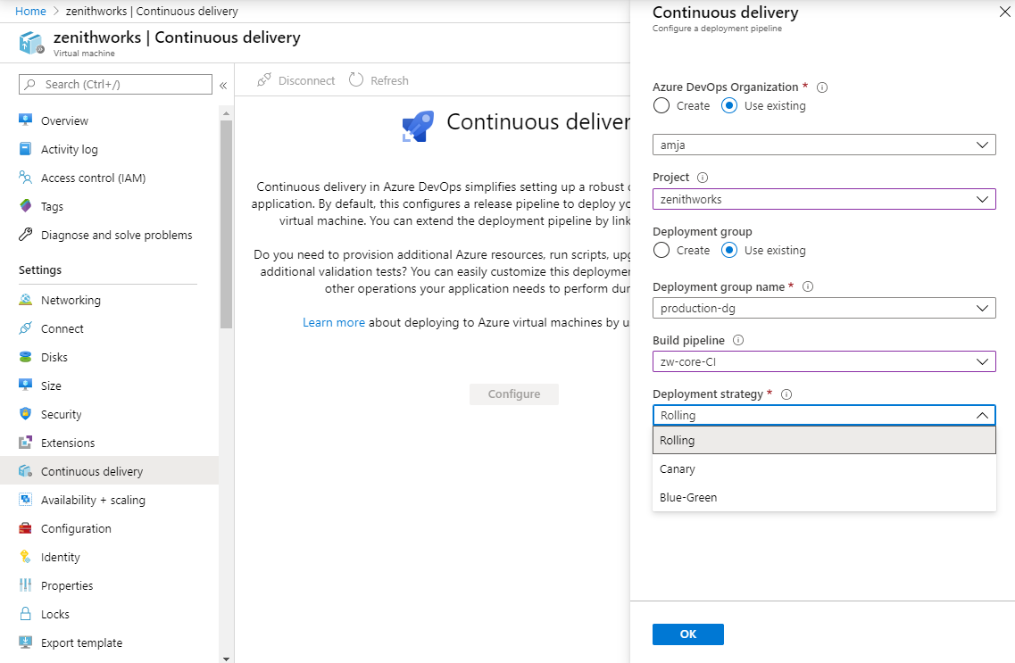 Screenshot che mostra come configurare una strategia di distribuzione continua verde blu.