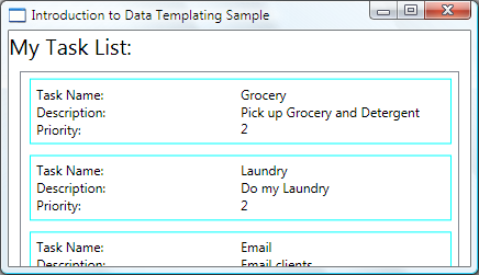 Schermata dell'esempio Introduction to Data Templating