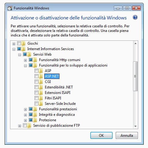 Impostazioni predefinite per le funzionalità di IIS 7.0