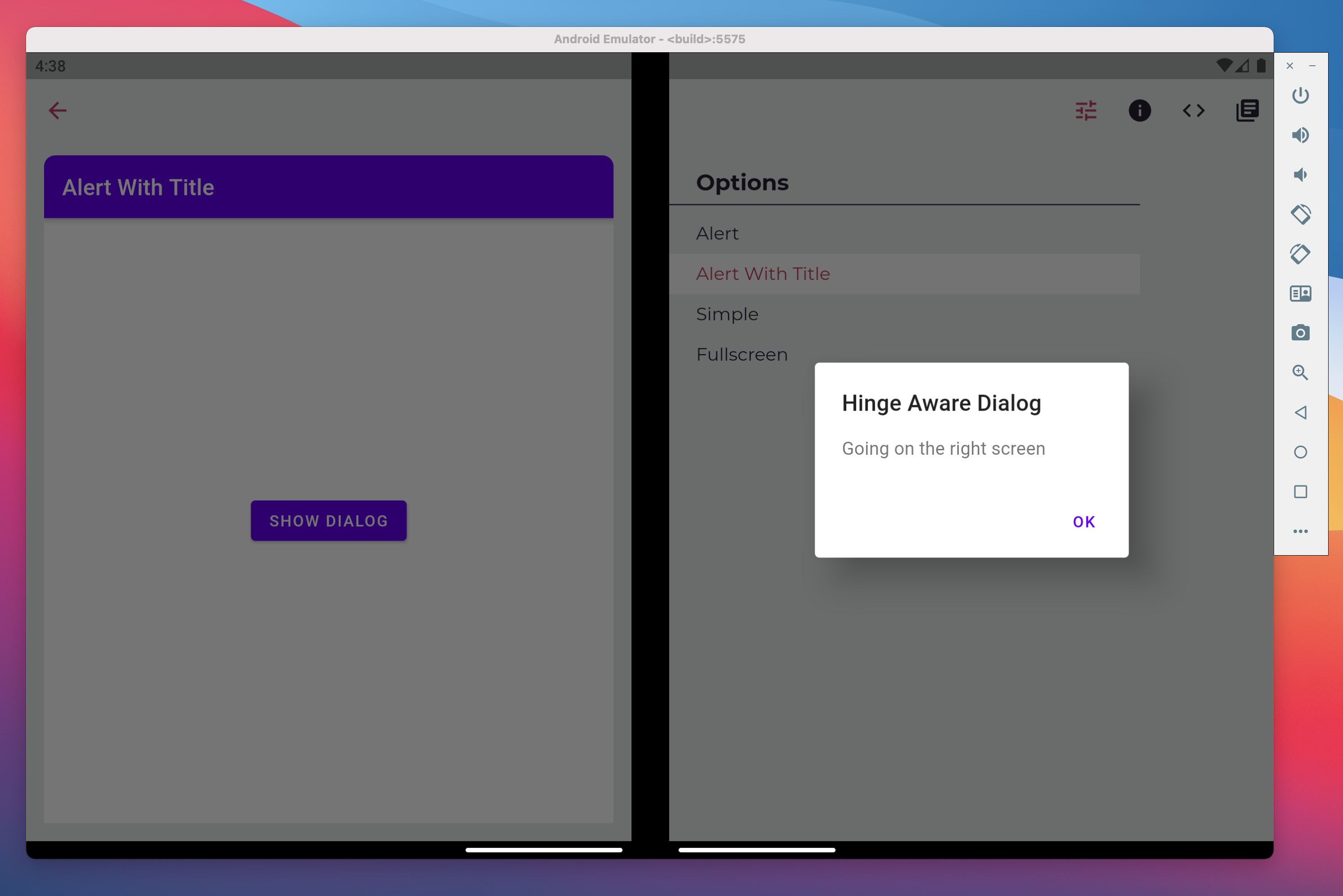 Surface Duo Flutter Dialog on the right screen