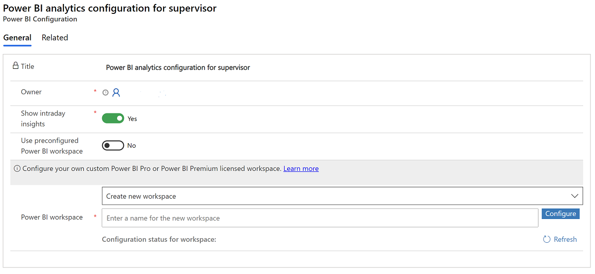 Power BI workspace configuration settings page.