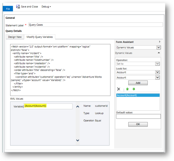 Impostare variabili per l'esecuzione di query di dati CRM