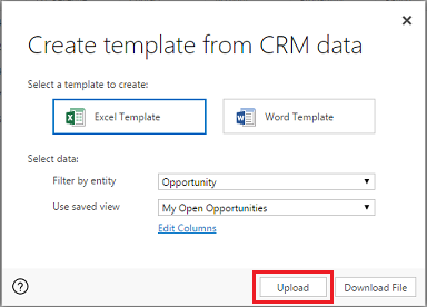 Fai clic su Carica per aggiungere il modello di Excel in Dynamics 365