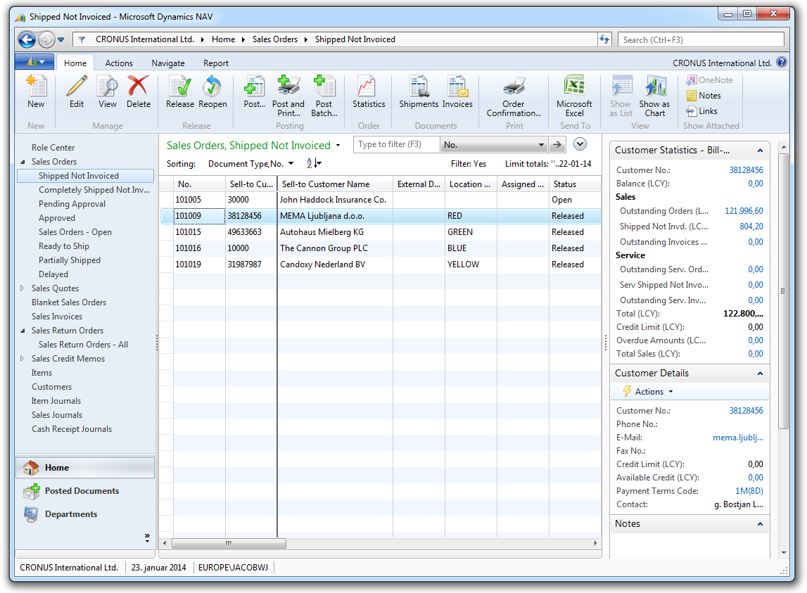 Main window showing list of sales orders