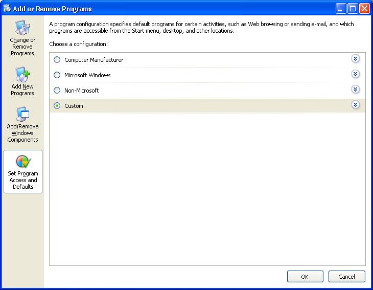 Set Program Access and Defaults entry view