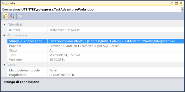 Finestra Proprietà con stringa di connessione