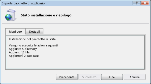 Finestra di dialogo Stato installazione e riepilogo