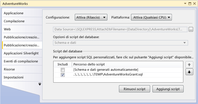 Scheda Pubblicazione/creazione pacchetto SQL, griglia Script del database