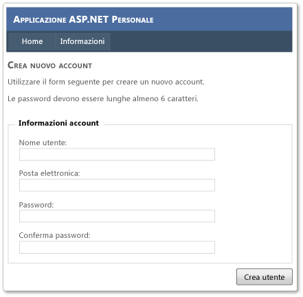 Pagina Crea nuovo account