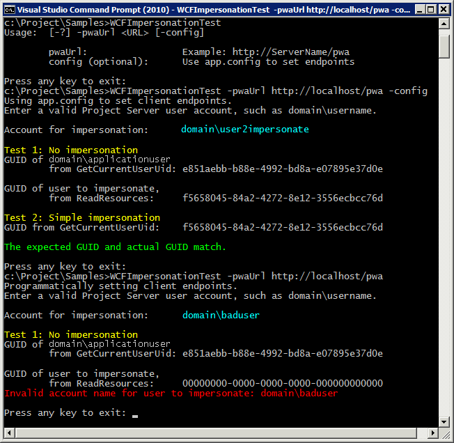 Output of the WCFImpersonationTest application