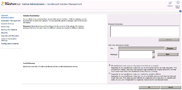 Manage user solutions in Central Administration.