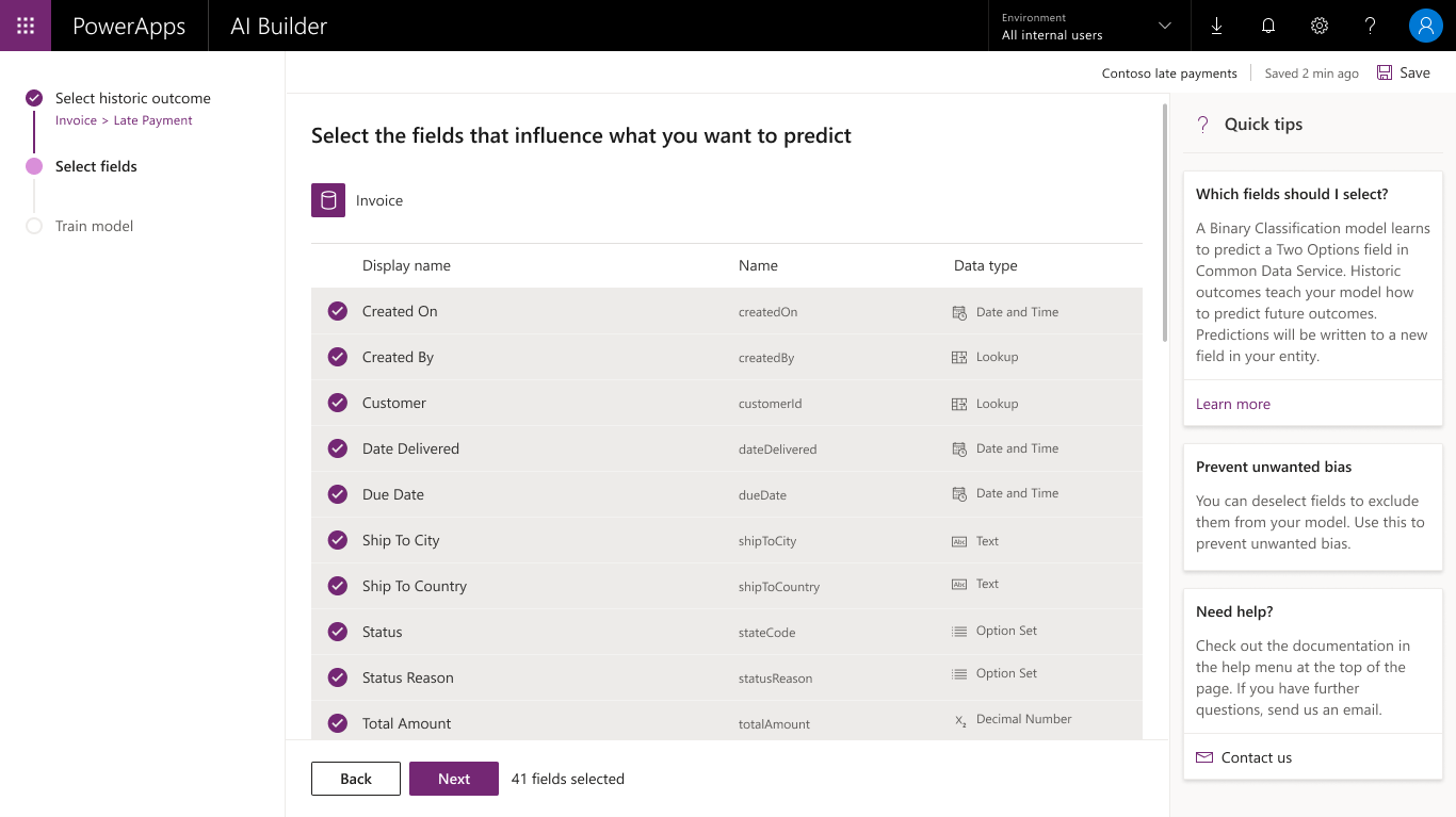 Select the data fields